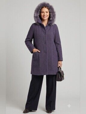 Purple Hooded Pure Virgin Wool-Blend Coat Sz14